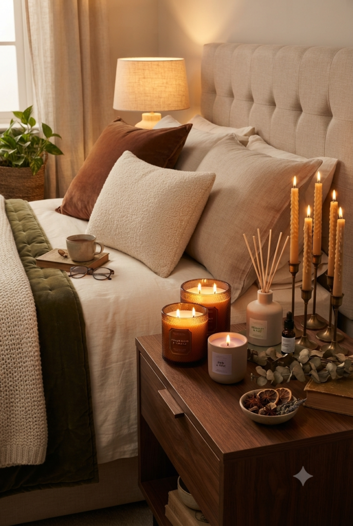 A cozy, warm-toned bedroom scene featuring a wooden nightstand clustered with lit amber jar candles, taper candles in brass holders, and a reed diffuser, set against a plush bed with layered neutral and rich-toned pillows.