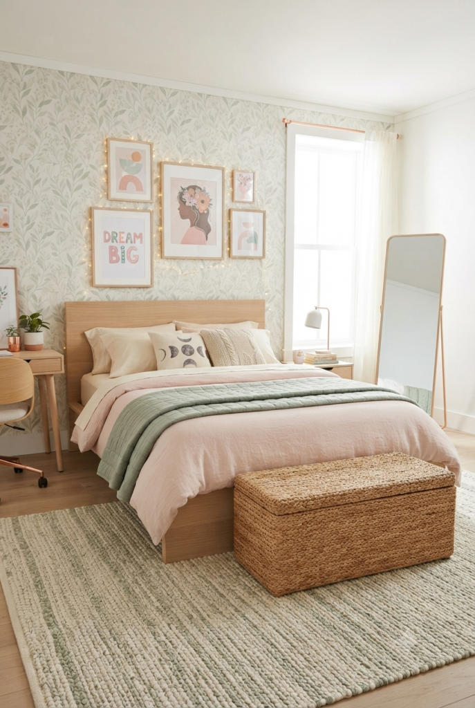 12-Year-Old Bedroom Ideas: Stunning Makeover Ideas You Have to See Cozy 12 year old bedroom makeover with sage green walls, light wood bed and woven storage bench.