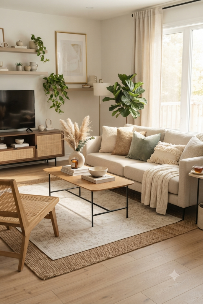 Budget friendly living rroom with natural decor and modern home inspiration ideas.