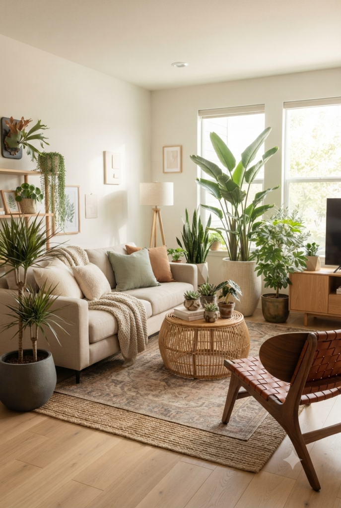 Stylish home ideas with decluttered shelves, layered textiles, and greenery