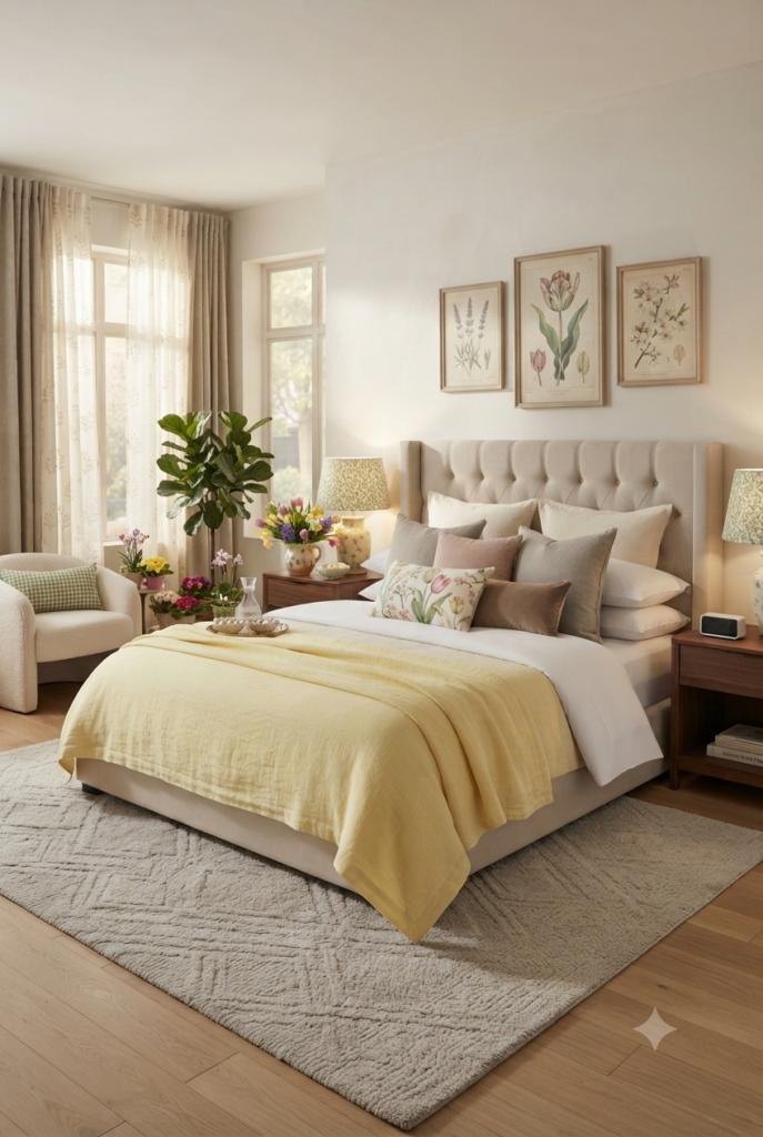 ​A bright, airy spring-themed bedroom featuring a bed with a beige tufted headboard, layered yellow and floral bedding, botanical wall art, a fiddle-leaf fig, potted hyacinths and tulips, and a cozy armchair by a large, sun-drenched window.