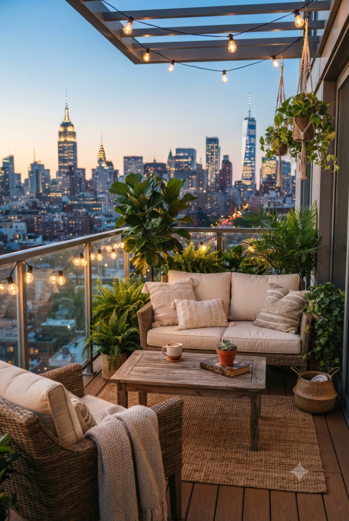 10 Beautiful Balcony Decor Ideas to Create a Cozy Outdoor Retreat Cozy balcony decor ideas with outdoor furniture ,plants ,and warm lighting for a small apartment balcony.