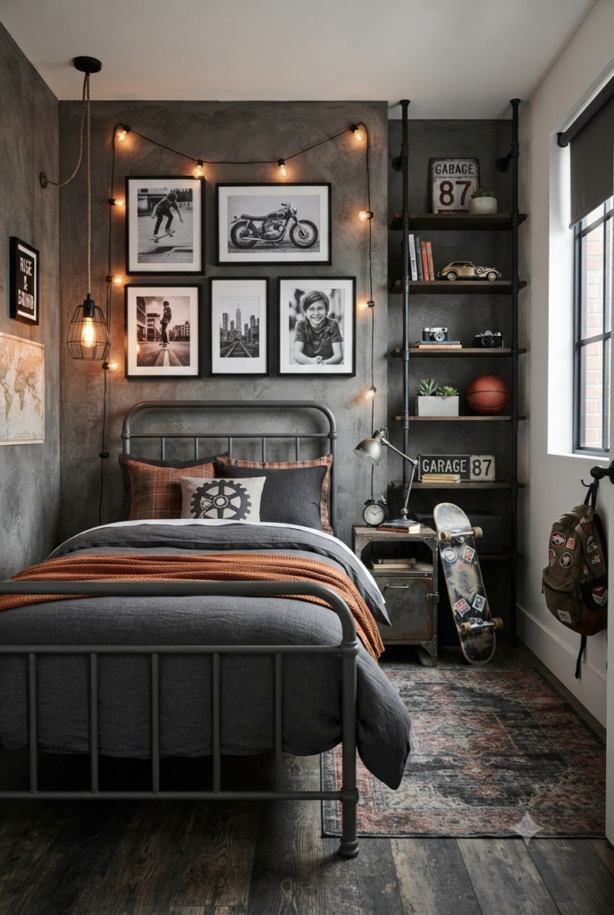 12-Year-Old Bedroom Ideas: Stunning Makeover Ideas You Have to See industrial loft bedroom ideas for boys with metal bed frame and exposed lighting