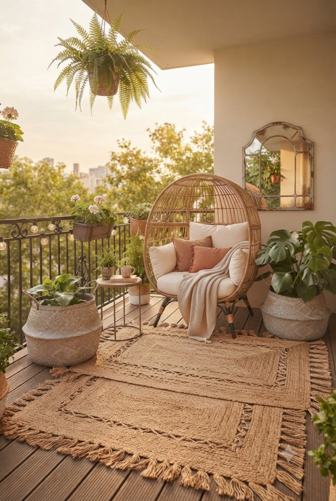 10 Beautiful Balcony Decor Ideas to Create a Cozy Outdoor Retreat A stunning rattan hanging chair, generously filled with plush cream and patterned cushions, serves as the statement piece on a cozy, sun drenched balcony with a city view, surrounded by potted plants and a jute rug.