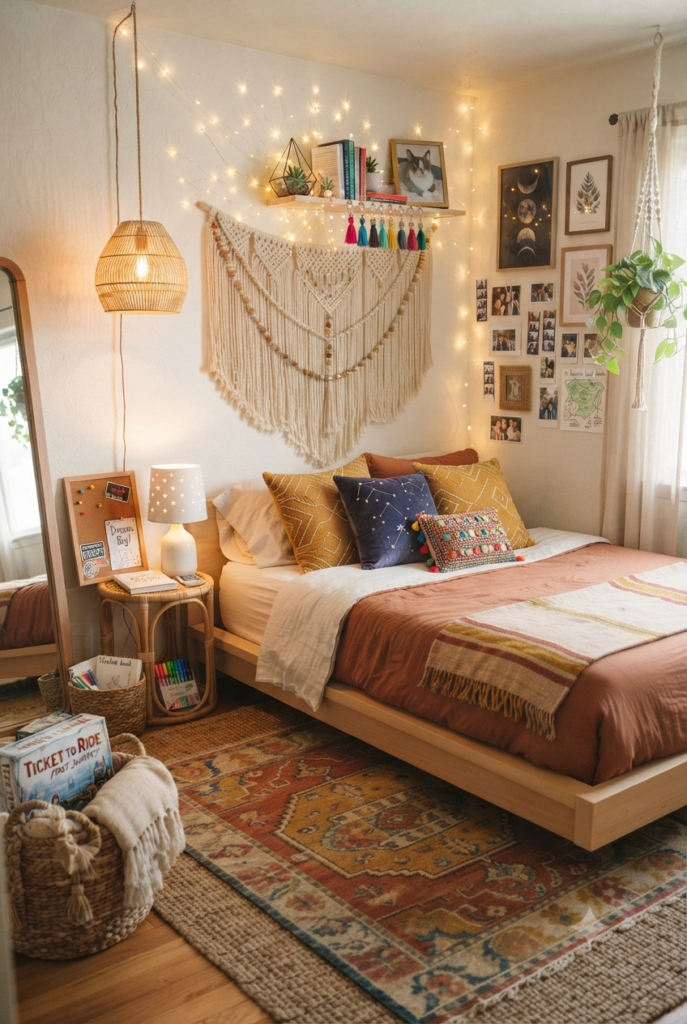 12-Year-Old Bedroom Ideas: Stunning Makeover Ideas You Have to See boho tween bedroom ideas with macrame wall hanging and layered rugs