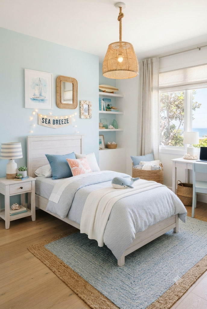 12-Year-Old Bedroom Ideas: Stunning Makeover Ideas You Have to See coastal calm bedroom ideas for girls with white and blue color palette