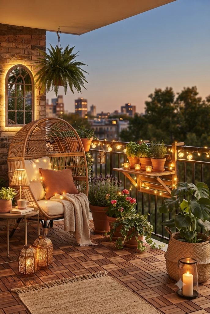 10 Beautiful Balcony Decor Ideas to Create a Cozy Outdoor Retreat
A cozy and inviting apartment balcony transformed into an evening retreat, featuring a rattan egg with cushions, warm glowing string lights, and multiple floor lanterns. lush potted plants fill the space. A small table and a jute rug complete the decor.