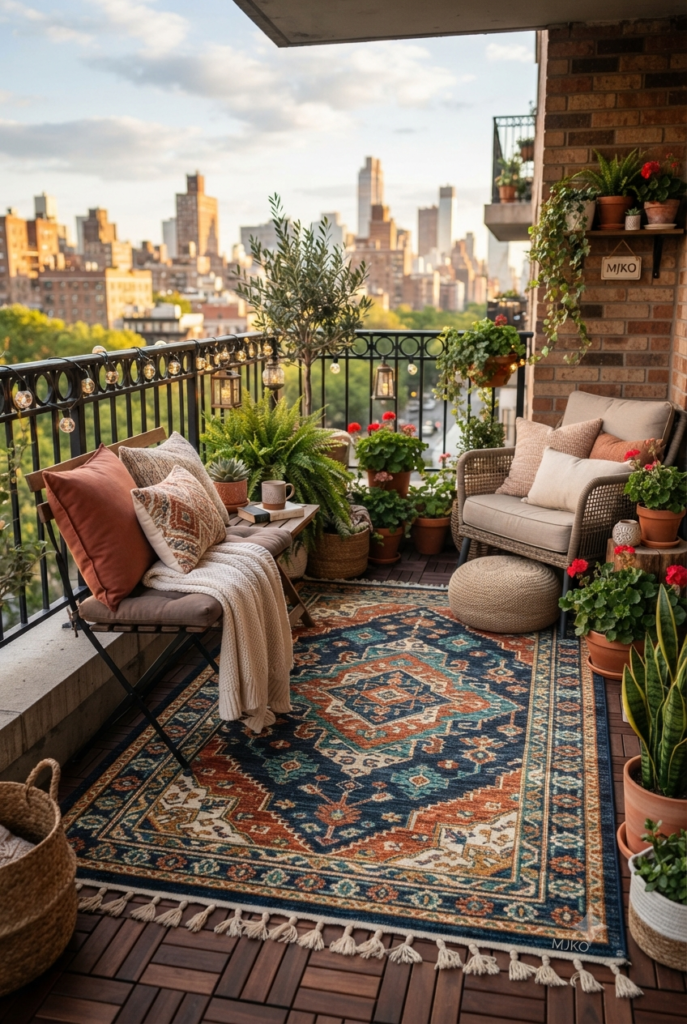 10 Beautiful Balcony Decor Ideas to Create a Cozy Outdoor Retreat Cozy balcony decor idea featuring a vibrant, patterned rugs as a focal point, with comfortable seating and lush greenery in a city setting.