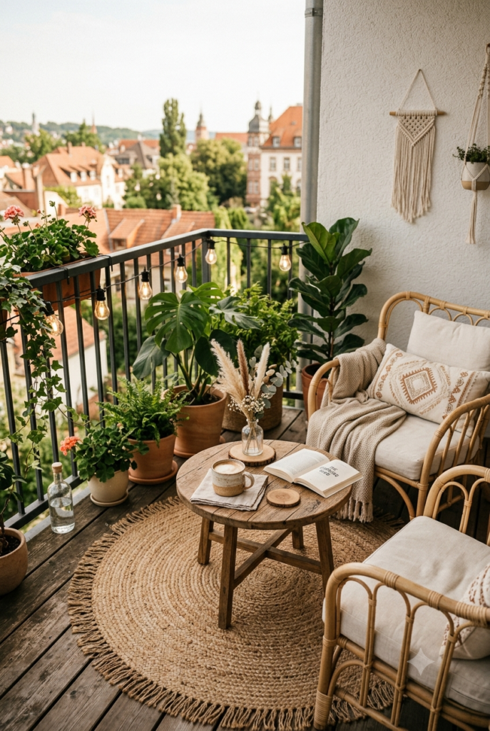 10 Beautiful Balcony Decor Ideas to Create a Cozy Outdoor Retreat Cozy apartment balcony decorated with, lush green plants, monsteras, ferns, and rattan furniture overlooking a city view.