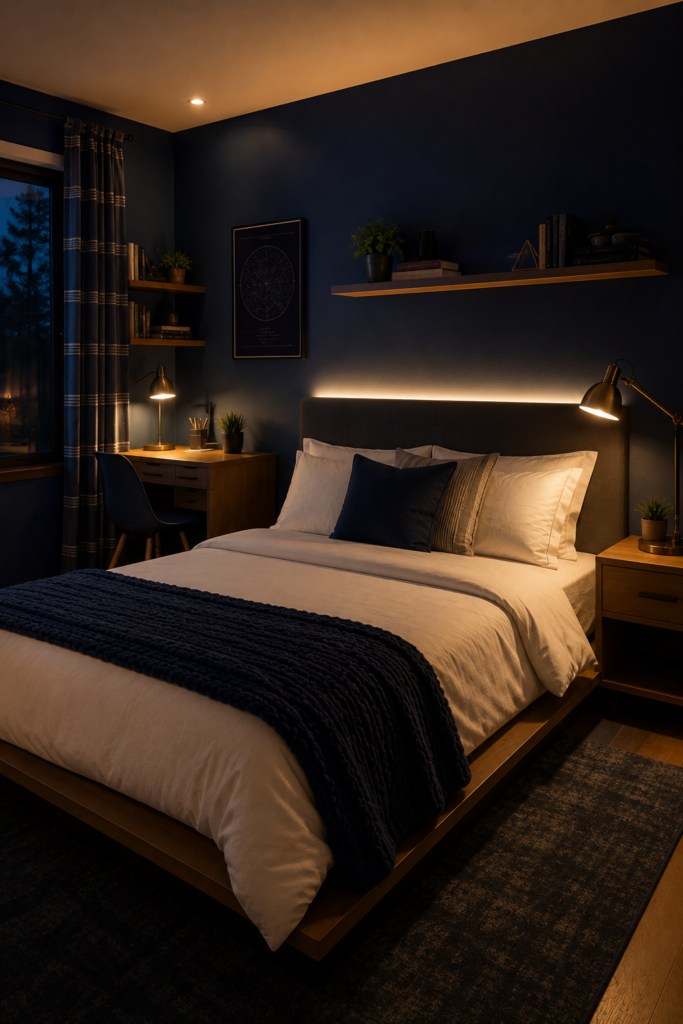 12-Year-Old Bedroom Ideas: Stunning Makeover Ideas You Have to See Navy and brass modern bedroom idea for a12 year old with LED headboard lighting