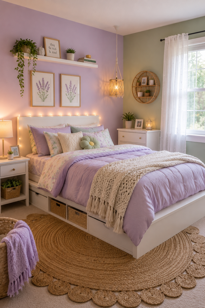12-Year-Old Bedroom Ideas: Stunning Makeover Ideas You Have to See pastel lavender and sage green 12 year old bedroom idea with cozy string lights