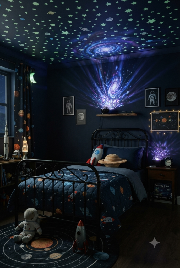 12-Year-Old Bedroom Ideas: Stunning Makeover Ideas You Have to See space and galaxy themed kids bedroom decor with star project lamp