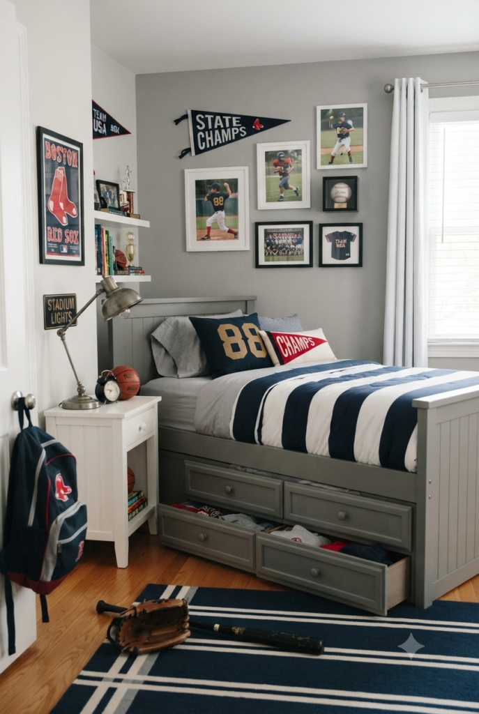 12-Year-Old Bedroom Ideas: Stunning Makeover Ideas You Have to See sporty bedroom ideas for boys with team colors and gallery wall display