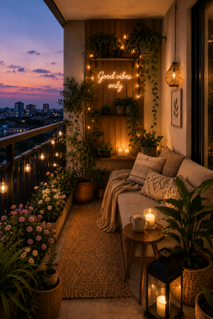 10 Beautiful Balcony Decor Ideas to Create a Cozy Outdoor Retreat A cozy apartment balcony at dusk illuminated by warm string lights and glowing candle lanterns, featuring a comfortable seating area and a city skyline view