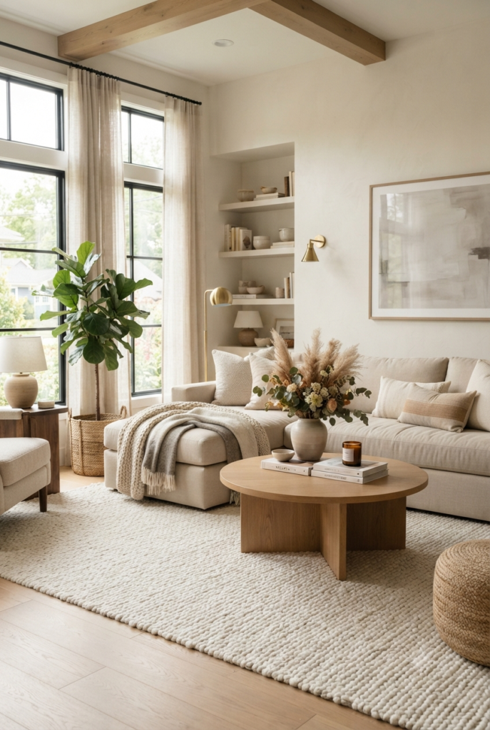 10 Living Room Decor Ideas T0 Create a Warm And Stylish Home Cozy modern living room interior with a comfortable beige sofa, warm neutral color palette, wooden coffee table, and soft natural sunlight.