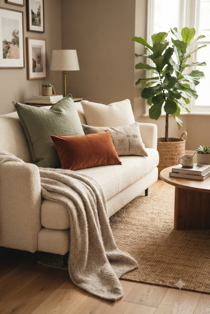 10 Living Room Decor Ideas T0 Create a Warm And Stylish Home Comfortable sofa decorated with soft pillows, linen cushions, and a cozy throw blanket in a modern living room.