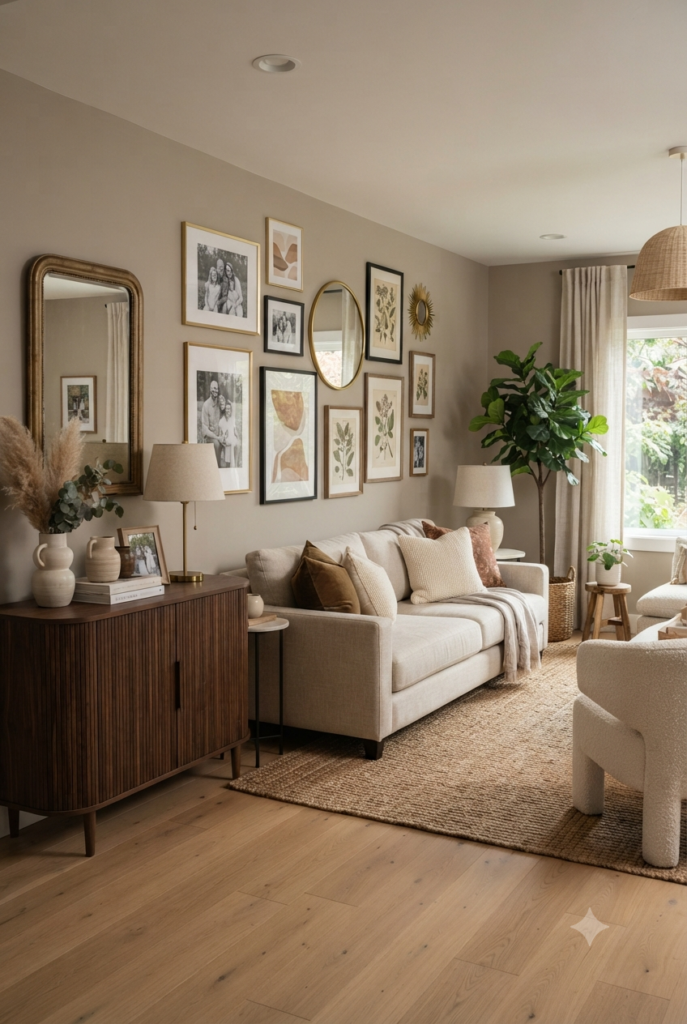 10 Living Room Decor Ideas T0 Create a Warm And Stylish Home Stylish living room with gallery wall featuring framed artwork, photos, mirrors, and decorative accents.