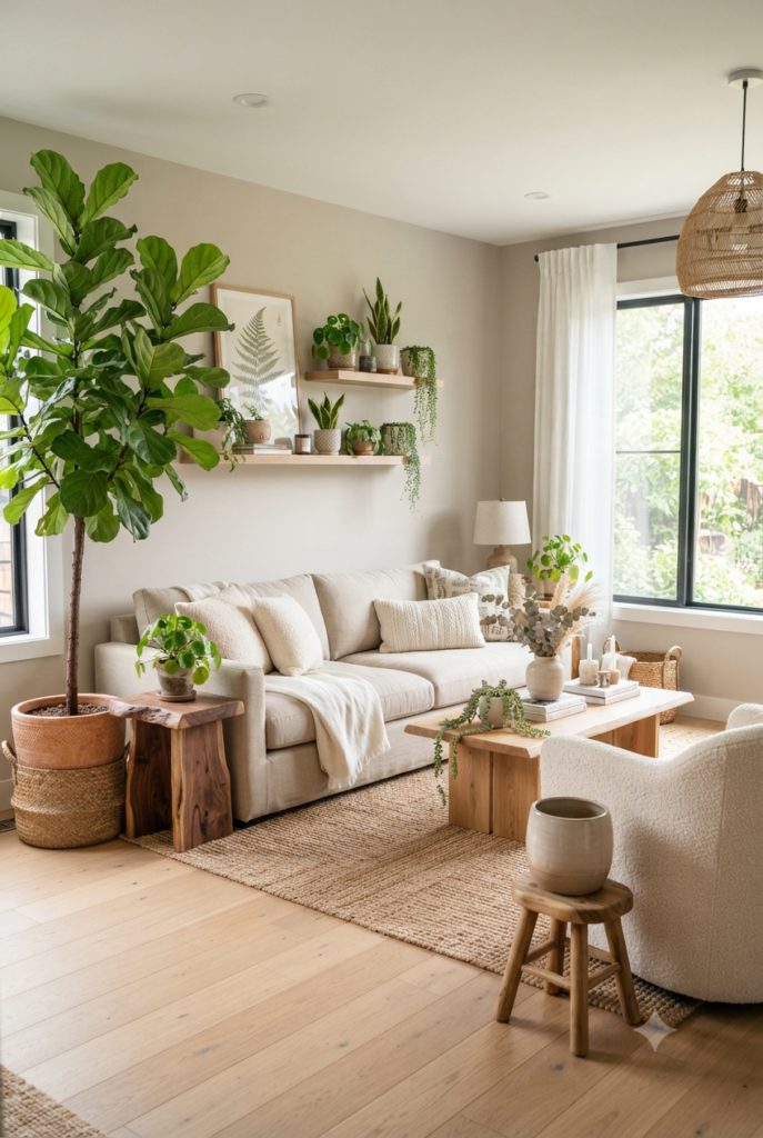 10 Living Room Decor Ideas T0 Create a Warm And Stylish Home cozy living room with indoor plants, fiddle leaf fig tree, natural wood furniture, and fresh green accents.