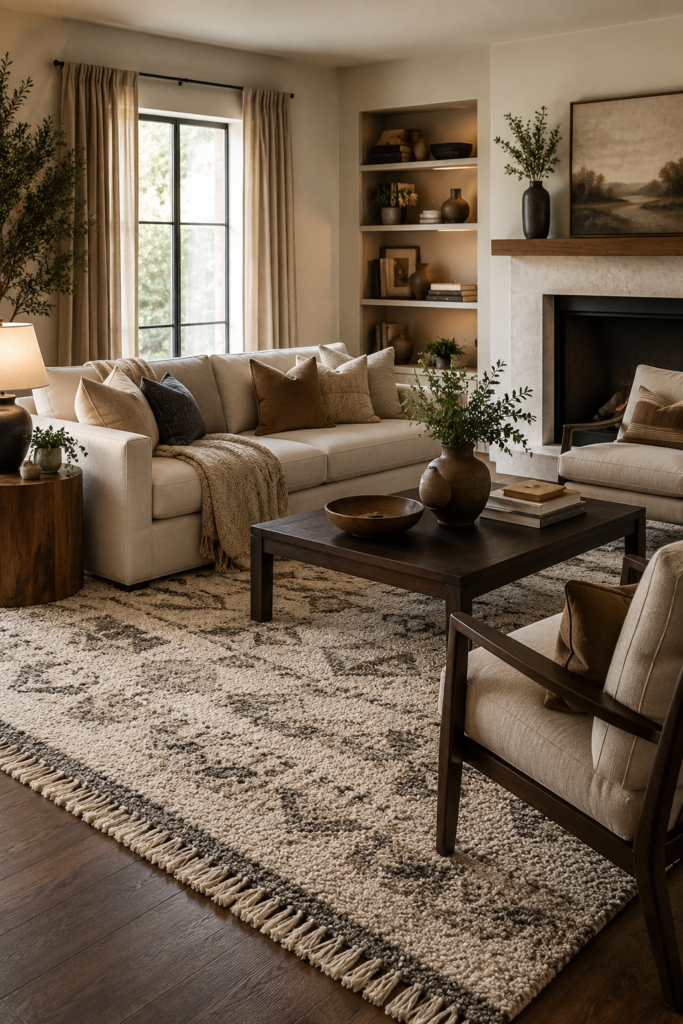 10 Living Room Decor Ideas T0 Create a Warm And Stylish Home Modern living room with a large statement area rug, stylish sofa, and balanced furniture arrangement.