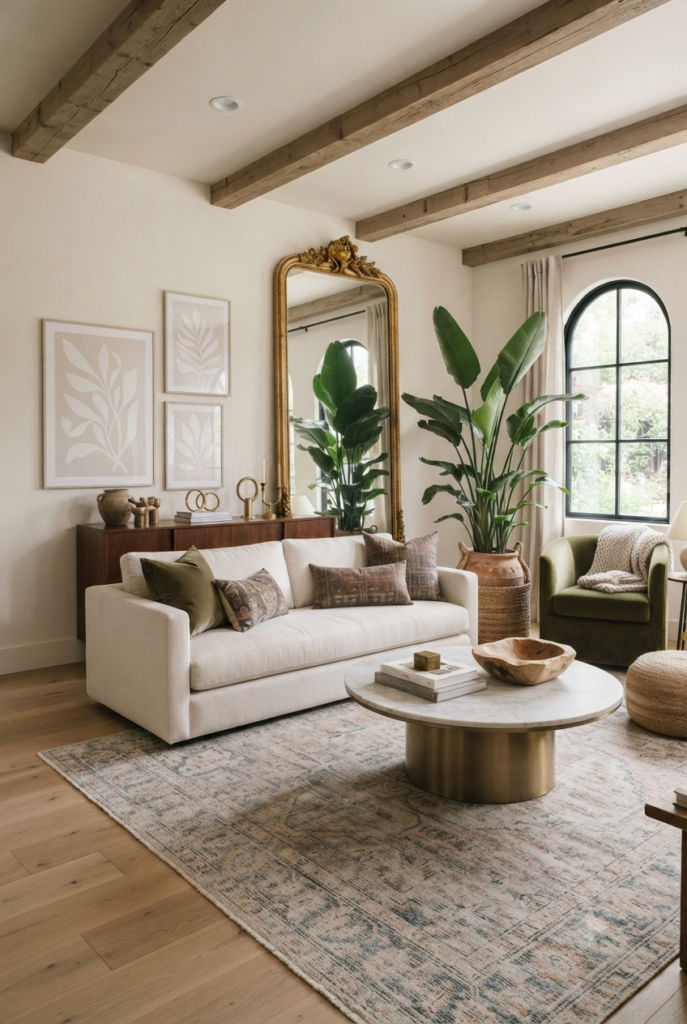 10 Living Room Decor Ideas T0 Create a Warm And Stylish Home Living room combining modern furniture with vintage wooden pieces, antique mirror, and unique decorative accents.