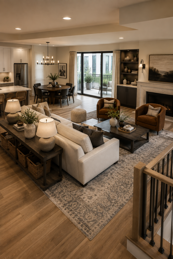 10 Living Room Decor Ideas T0 Create a Warm And Stylish Home Open concept living room with smart furniture arrangement, sofa, accent chair, area rug, and defined seating area.