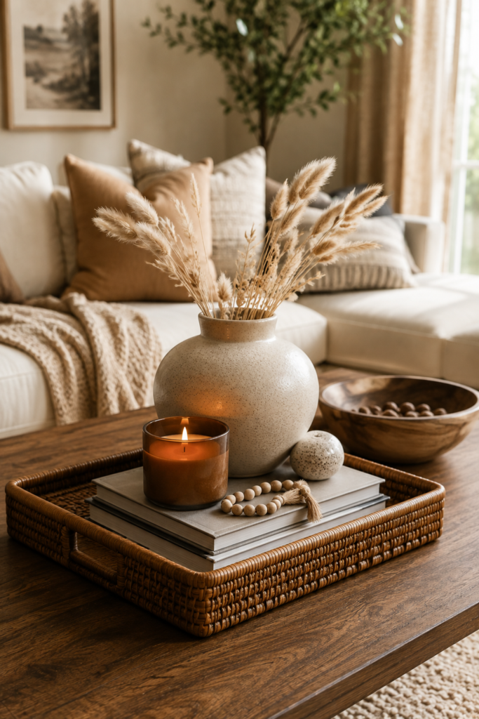 10 Living Room Decor Ideas T0 Create a Warm And Stylish Home elegant coffee table style with books, decorative vase, candle, and a textured tray in a cozy living room