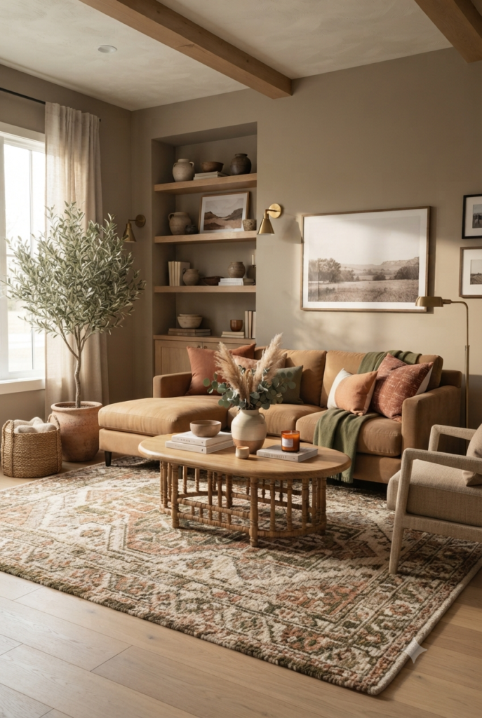 10 Living Room Decor Ideas T0 Create a Warm And Stylish Home warm living room featuring earthy tones, terracotta pillows, caramel sofa, olive green accent, and cozy neutral decor
